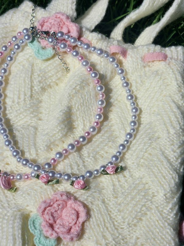 Y2K Fairycore Beaded Necklace, Coquette Aesthetic White Pearl Roses Choker, Rave Festival Birthday Jewelry