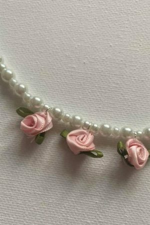 Y2K Fairycore Beaded Necklace, Coquette Aesthetic White Pearl Roses Choker, Rave Festival Birthday Jewelry