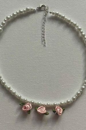 Y2K Fairycore Beaded Necklace, Coquette Aesthetic White Pearl Roses Choker, Rave Festival Birthday Jewelry