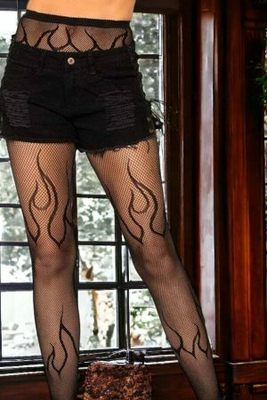 Y2K Flame Pattern Black Fishnet Stockings - Harajuku Grunge Pantyhose