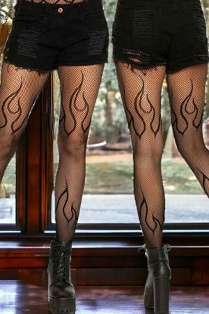 Y2K Flame Pattern Black Fishnet Stockings - Harajuku Grunge Pantyhose