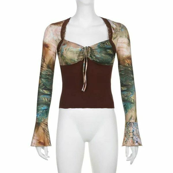 Y2K Flared Sleeve Sweetheart Neckline Top with Fairy Streetwear Print