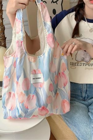 Y2K Floral Canvas Tulip Tote Bag - Streetwear Shoulder Bag