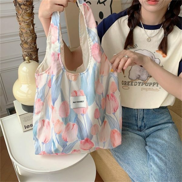 Y2K Floral Canvas Tulip Tote Bag - Streetwear Shoulder Bag