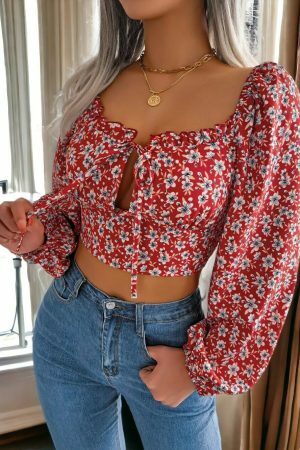 Y2K Floral Crop Top Women Square Collar Puff Sleeve Blouse White Lace-up