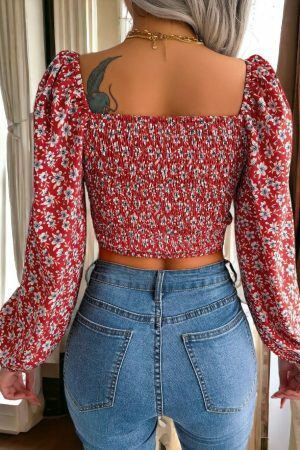 Y2K Floral Crop Top Women Square Collar Puff Sleeve Blouse White Lace-up