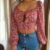 Y2K Floral Crop Top Women Square Collar Puff Sleeve Blouse White Lace-up