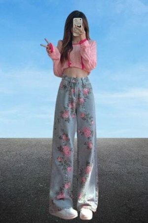 Y2K Floral Denim Baggy Pants for Women - Light Flare Streetwear