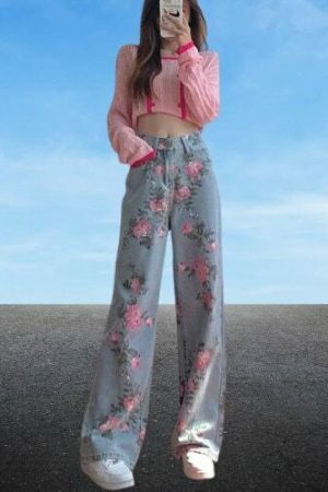 Y2K Floral Denim Baggy Pants for Women - Light Flare Streetwear