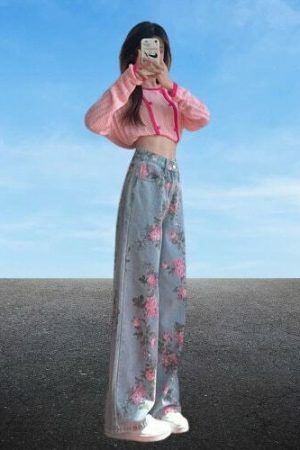 Y2K Floral Denim Baggy Pants for Women - Light Flare Streetwear