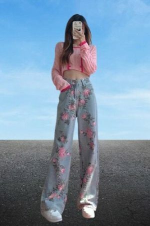 Y2K Floral Denim Baggy Pants for Women - Light Flare Streetwear