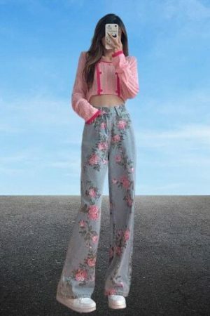 Y2K Floral Denim Baggy Pants for Women - Light Flare Streetwear