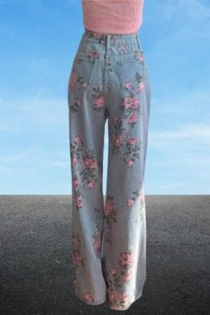 Y2K Floral Denim Baggy Pants for Women - Light Flare Streetwear