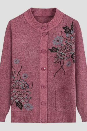 Y2K Floral Embroidery Knit Cardigan for Women, Cozy Winter Sweater with Boho Style