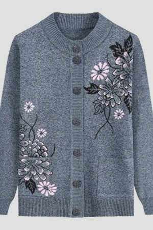 Y2K Floral Embroidery Knit Cardigan for Women, Cozy Winter Sweater with Boho Style