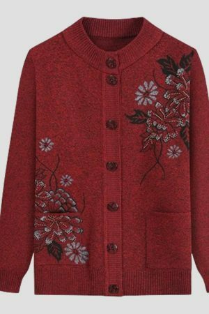 Y2K Floral Embroidery Knit Cardigan for Women, Cozy Winter Sweater with Boho Style