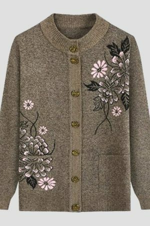 Y2K Floral Embroidery Knit Cardigan for Women, Cozy Winter Sweater with Boho Style