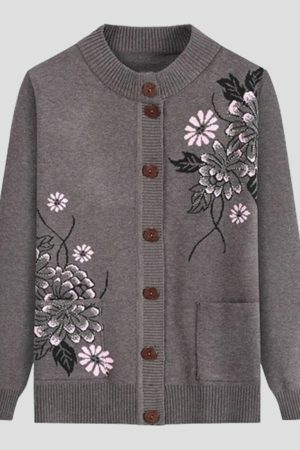 Y2K Floral Embroidery Knit Cardigan for Women, Cozy Winter Sweater with Boho Style