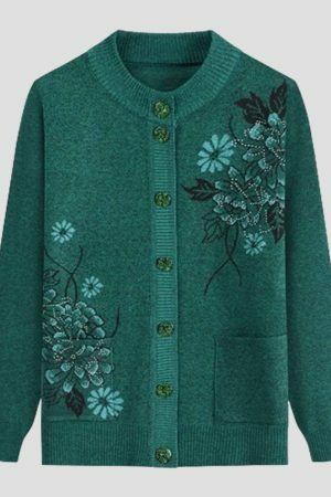 Y2K Floral Embroidery Knit Cardigan for Women, Cozy Winter Sweater with Boho Style