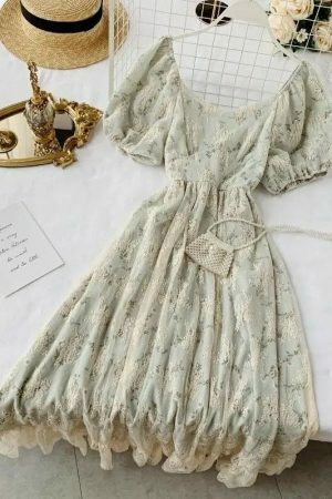 Y2K Floral Fairy Chiffon Puff Sleeve Dress Women's Streetwear Aesthetic