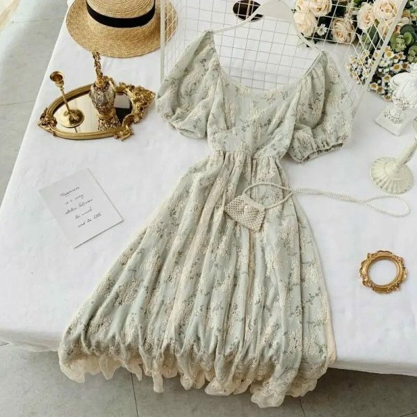 Y2K Floral Fairy Chiffon Puff Sleeve Dress Women's Streetwear Aesthetic