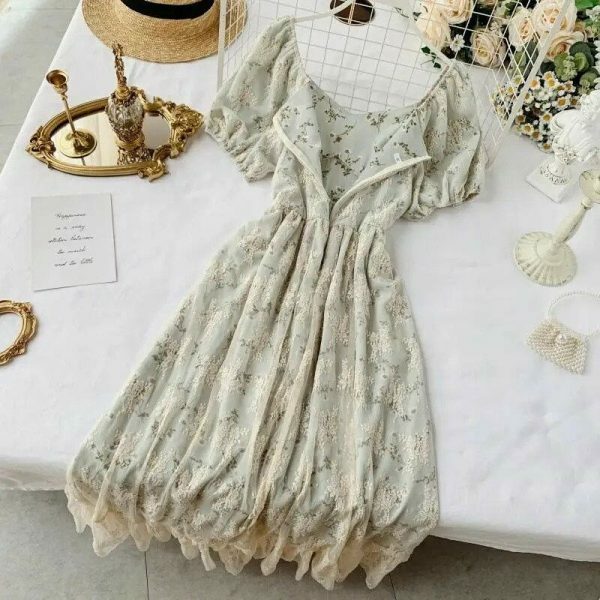 Y2K Floral Fairy Chiffon Puff Sleeve Dress Women's Streetwear Aesthetic