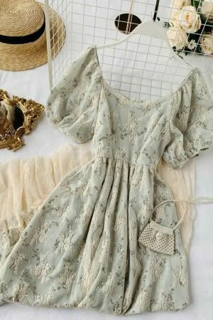 Y2K Floral Fairy Chiffon Puff Sleeve Dress Women's Streetwear Aesthetic