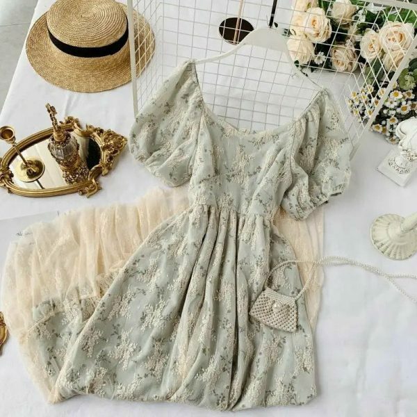 Y2K Floral Fairy Chiffon Puff Sleeve Dress Women's Streetwear Aesthetic