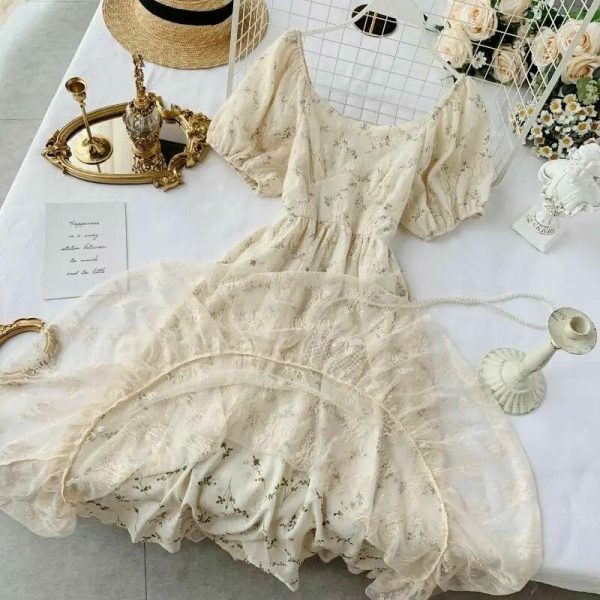 Y2K Floral Fairy Chiffon Puff Sleeve Dress Women's Streetwear Aesthetic