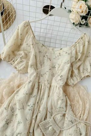 Y2K Floral Fairy Chiffon Puff Sleeve Dress Women's Streetwear Aesthetic