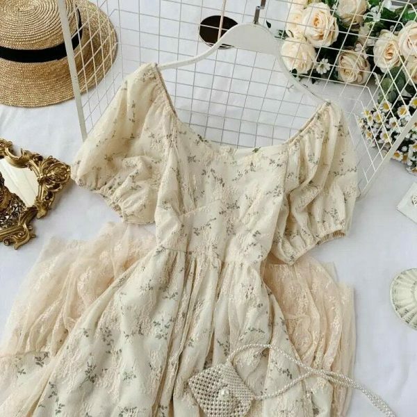 Y2K Floral Fairy Chiffon Puff Sleeve Dress Women's Streetwear Aesthetic