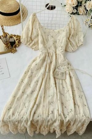 Y2K Floral Fairy Chiffon Puff Sleeve Dress Women's Streetwear Aesthetic