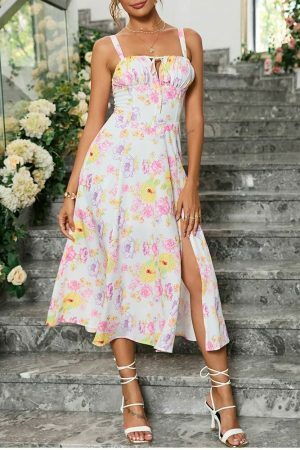 Y2K Floral French Corset Midi Dress with Slit