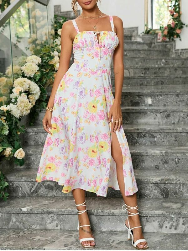 Y2K Floral French Corset Midi Dress with Slit