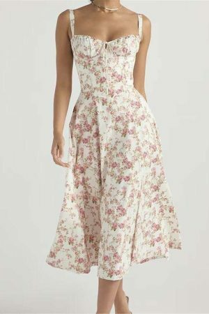 Y2K Floral French Corset Midi Dress with Slit