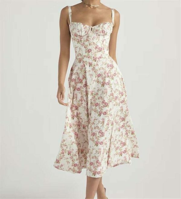 Y2K Floral French Corset Midi Dress with Slit