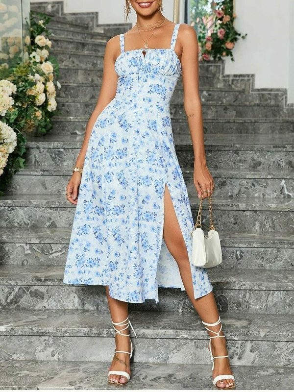 Y2K Floral French Corset Midi Dress with Slit