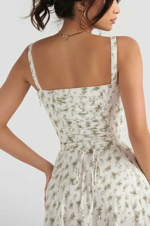 Y2K Floral French Corset Midi Dress with Slit