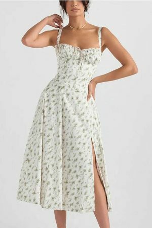 Y2K Floral French Corset Midi Dress with Slit