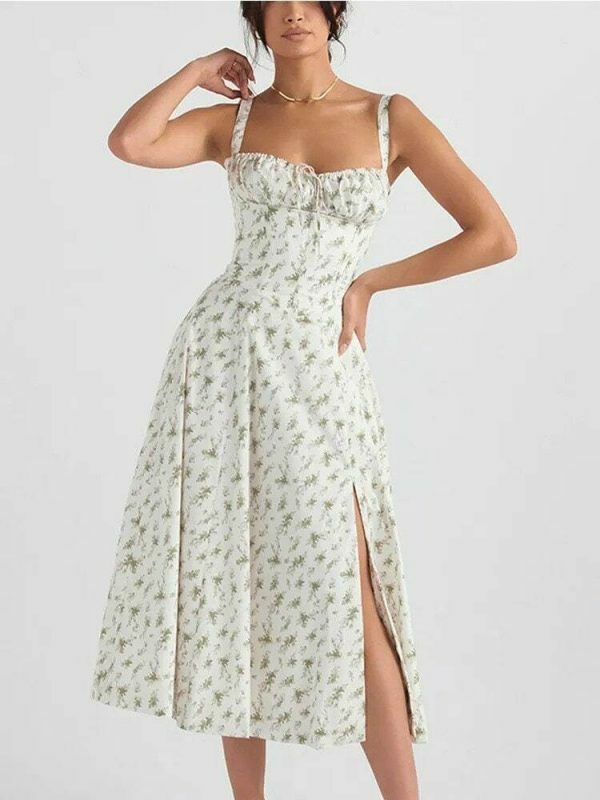 Y2K Floral French Corset Midi Dress with Slit