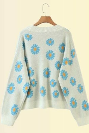 Y2K Floral Knit Daisy Cardigan - Streetwear Long Sleeve V-Neck Sweater