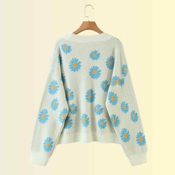 Y2K Floral Knit Daisy Cardigan - Streetwear Long Sleeve V-Neck Sweater