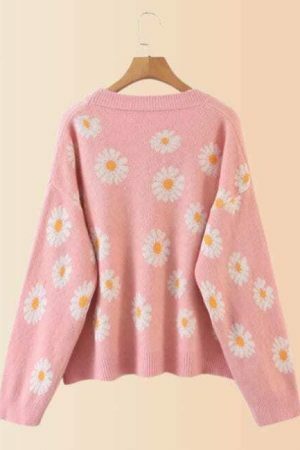 Y2K Floral Knit Daisy Cardigan - Streetwear Long Sleeve V-Neck Sweater