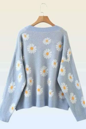 Y2K Floral Knit Daisy Cardigan - Streetwear Long Sleeve V-Neck Sweater