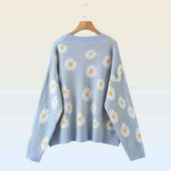 Y2K Floral Knit Daisy Cardigan - Streetwear Long Sleeve V-Neck Sweater