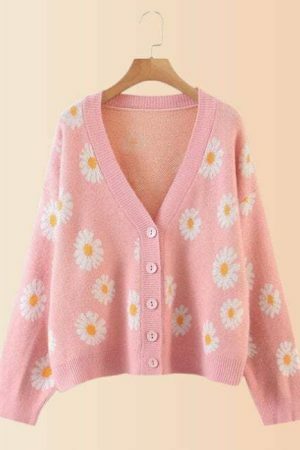 Y2K Floral Knit Daisy Cardigan - Streetwear Long Sleeve V-Neck Sweater