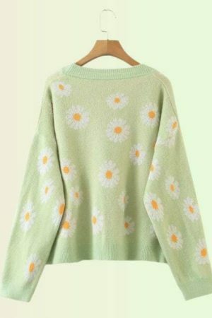 Y2K Floral Knit Daisy Cardigan - Streetwear Long Sleeve V-Neck Sweater