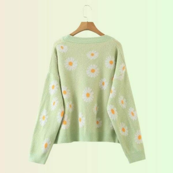 Y2K Floral Knit Daisy Cardigan - Streetwear Long Sleeve V-Neck Sweater