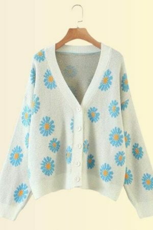 Y2K Floral Knit Daisy Cardigan - Streetwear Long Sleeve V-Neck Sweater