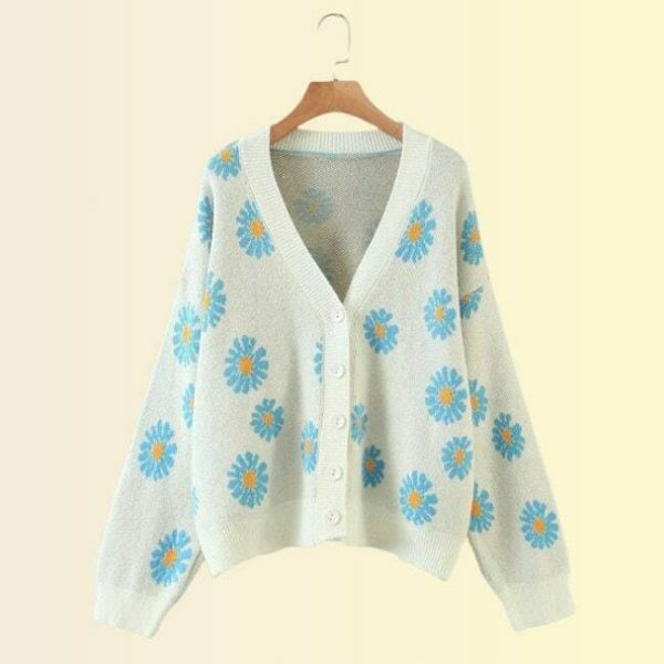 Y2K Floral Knit Daisy Cardigan - Streetwear Long Sleeve V-Neck Sweater